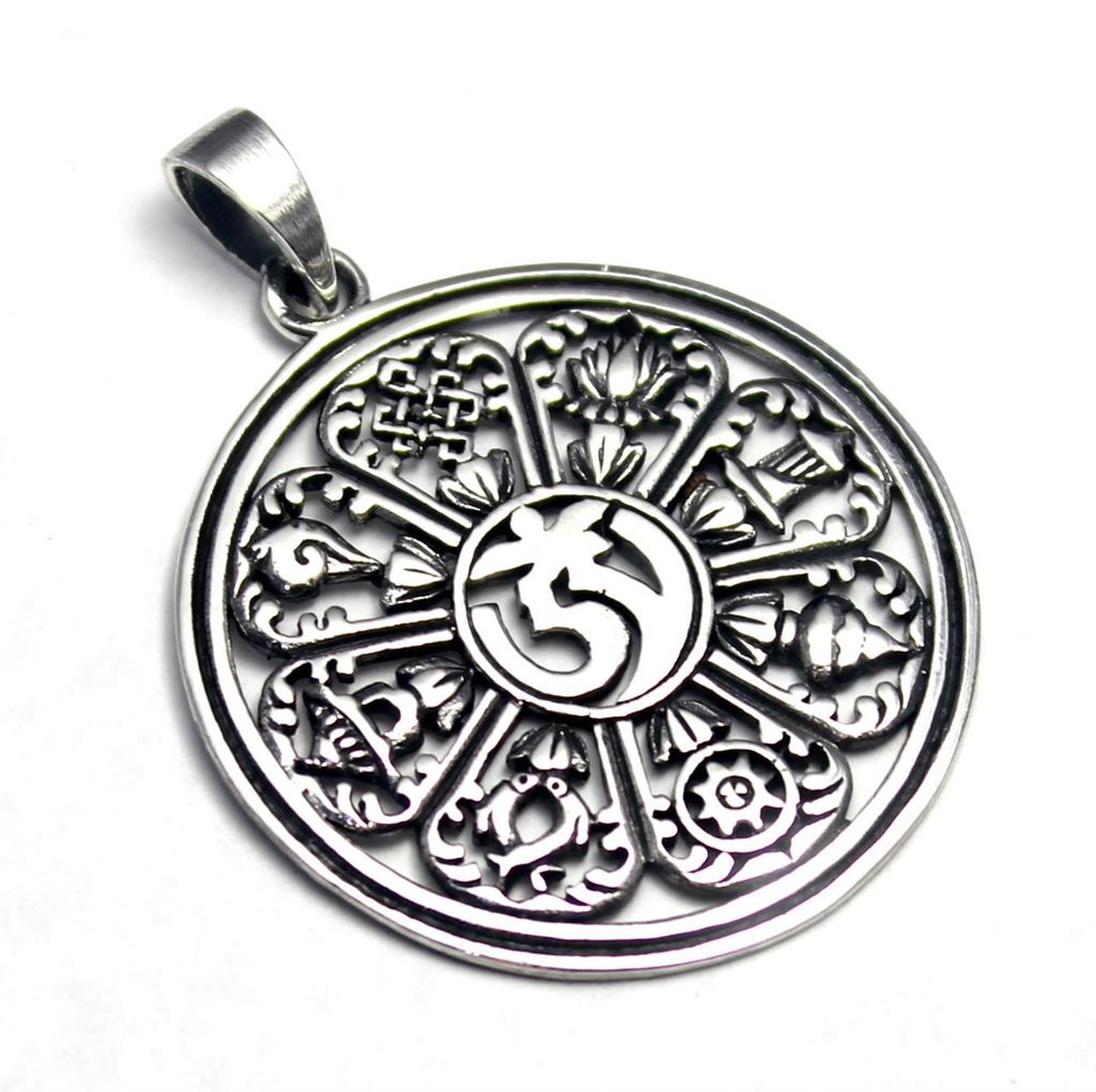Tibetan Eight Auspicious Symbols Eight Treasures Tashi Tagye Pendant Top Sterling Silver 925 Amulet Good Fortune