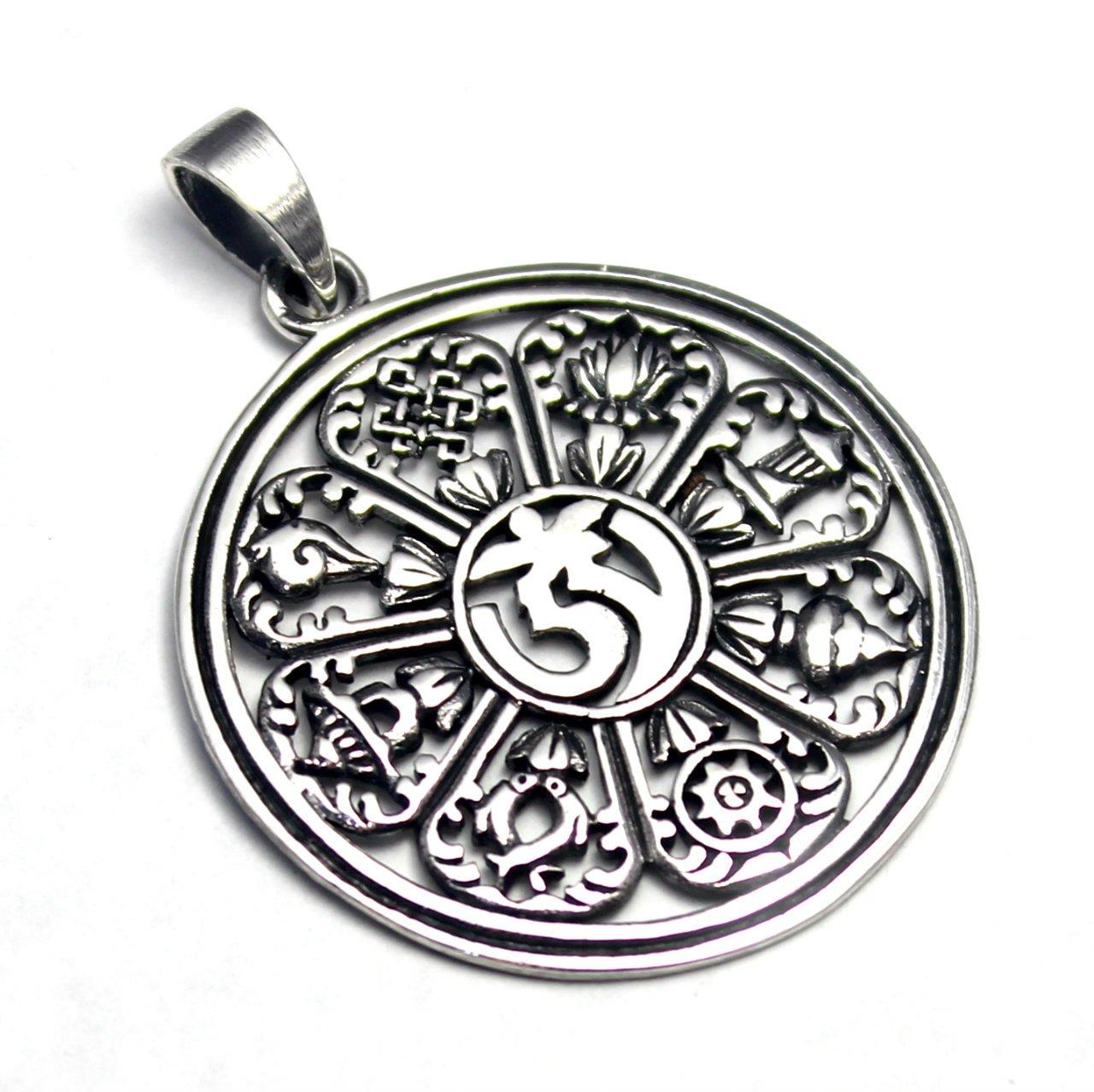 Tibetan Eight Auspicious Symbols Eight Treasures Tashi Tagye Pendant Top Sterling Silver 925 Amulet Good Fortune