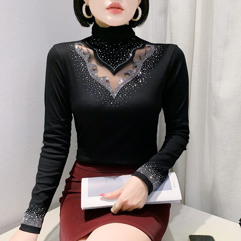 New Winter High Neck Hollow T-shirt Fashionable Slim Fit and Slim Base Shirt for Women
