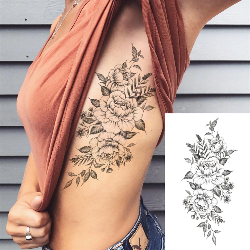 Death Skull Flower Temporary Tattoo For Women Girls Snake Bird Peony Tattoo Sticker Black Fake Blossom Sexy Tatoo Transfer Adult