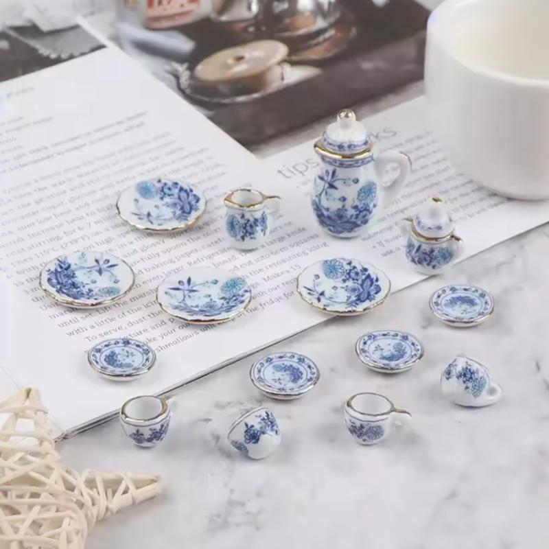 1 Set 15Pcs Miniature Tableware Ceramic Tea Set Dollhouse Playhouse Toys Pocket Mini Tea Set Mini Food Toys Gift
