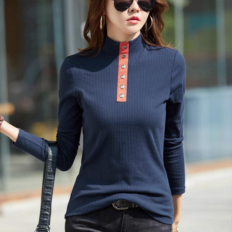 

Женская рубашка с длинными рукавами и воротником-получерепахой для осени и зимы в сочетании со стильным верхом-футболкой с правым плечом XXXL синий