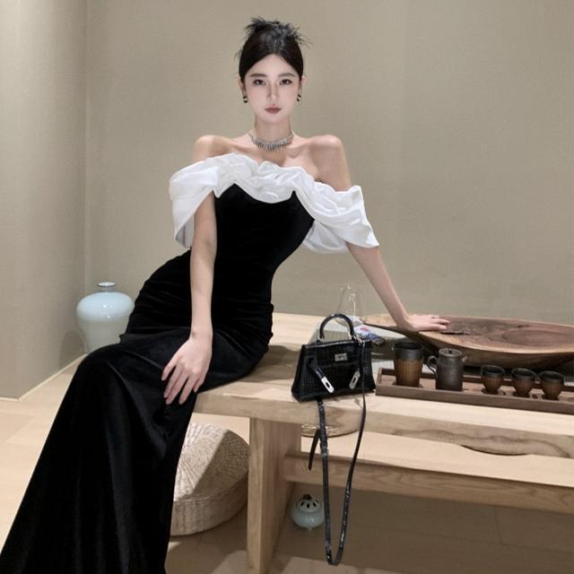 Elegant French Black Off-the-Shoulder Mermaid Evening Gown Small чёрный