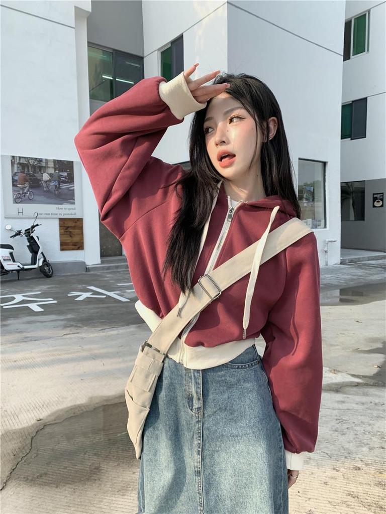 Korean Color Block Hooded Sweatshirt Jacket for Women - Autumn 2023: Short Drawstring Zipper Long Sleeve Top