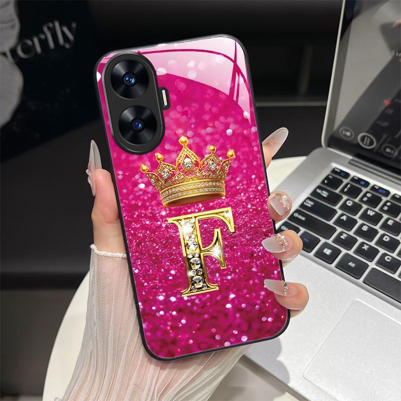 For Realme C55 4G Case Fashion Letters Hard Tempered Glass Back Covers For Realme Narzo N55 NarzoN55 C55 RMX3710 Phone Shell