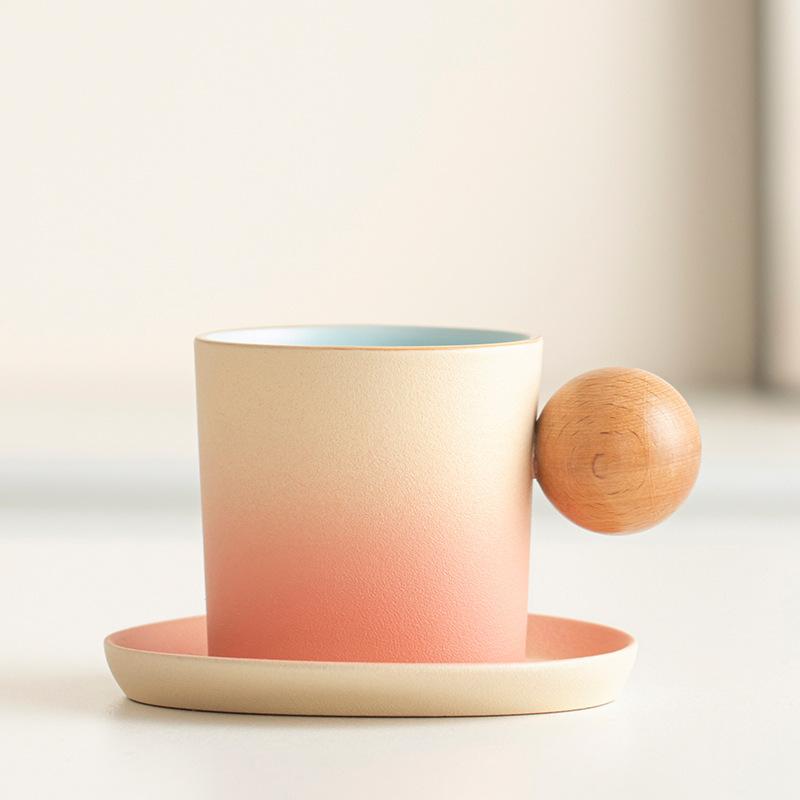 Gradual change ceramic coffee cup and saucer set creative wooden handle coarse pottery high value afternoon teacup retro latte cup