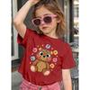 Girls Short Sleeve Crewneck T-Shirt, Cute Cartoon Bear With Colorful Letter Print Playful Casual Kids Tee