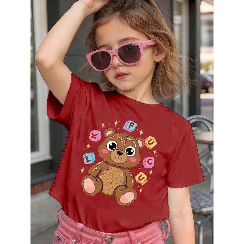 Girls Short Sleeve Crewneck T-Shirt, Cute Cartoon Bear With Colorful Letter Print Playful Casual Kids Tee