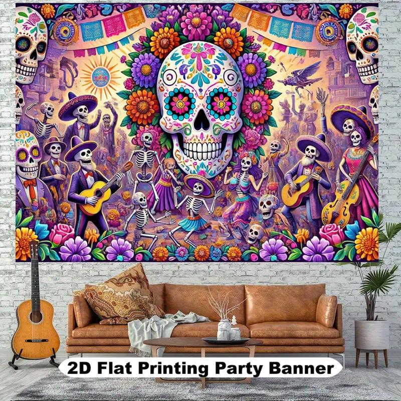2D Flat, Vivid Day of the Dead Party Banner - Colorful Sugar Skull and Flower Design, Polyester Background Fabric