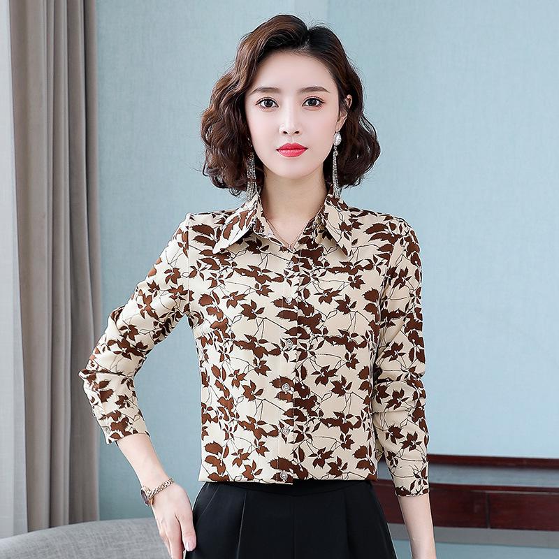 Camisa de Chifón Floral de Otoño para Mujer de Corte Slim Retro de Manga Larga