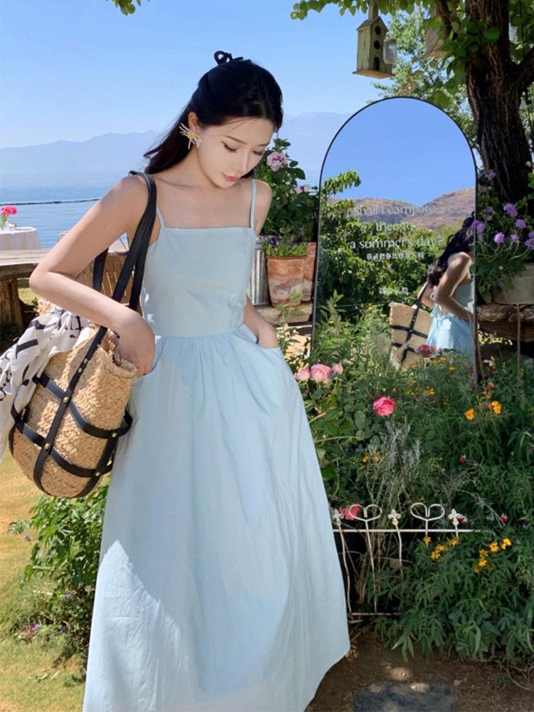 Elegant French-Style Sexy Backless Blue Spaghetti Strap A-line Beach Dress for Women