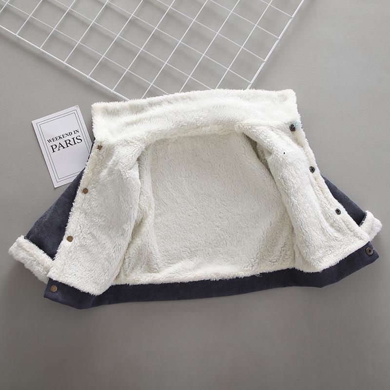 Boys' Fleece-Lined Plaid Cotton Jacket - Korean Style, Single-Breasted, Solid Color