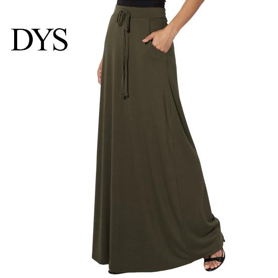 Long Skirt Women Maxi Adjustable Drawstring High-Waisted Solid Color Casual with Pockets Work