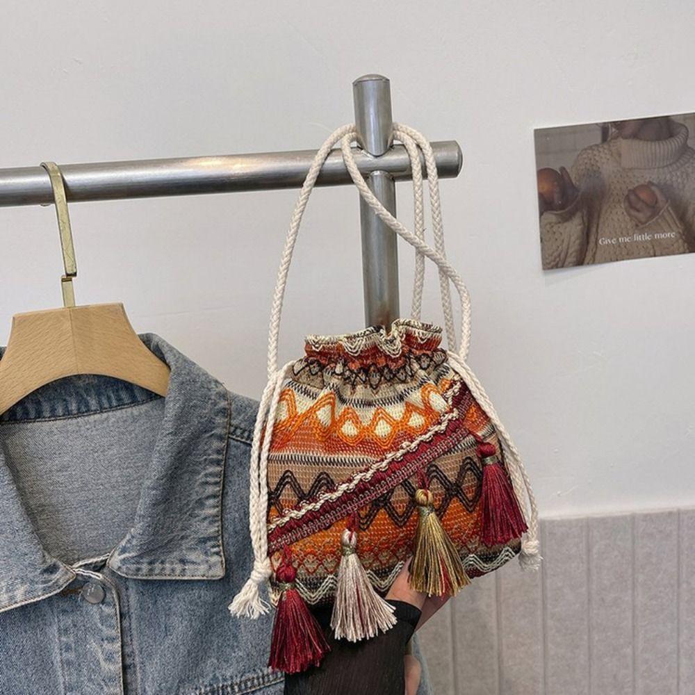 Colorful Female Crossbody Bag Floral Printed Women Shoulder Bag Woven Bucket Bag Travel