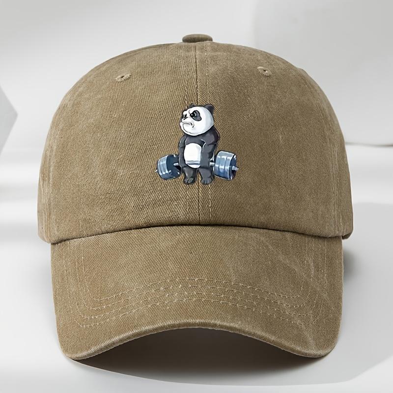 Cartoon Panda Print Baseball Cap Washed Distressed Classic Flat Brim Hat Soft Top Comfortable MoistureWicking Breathable Cap