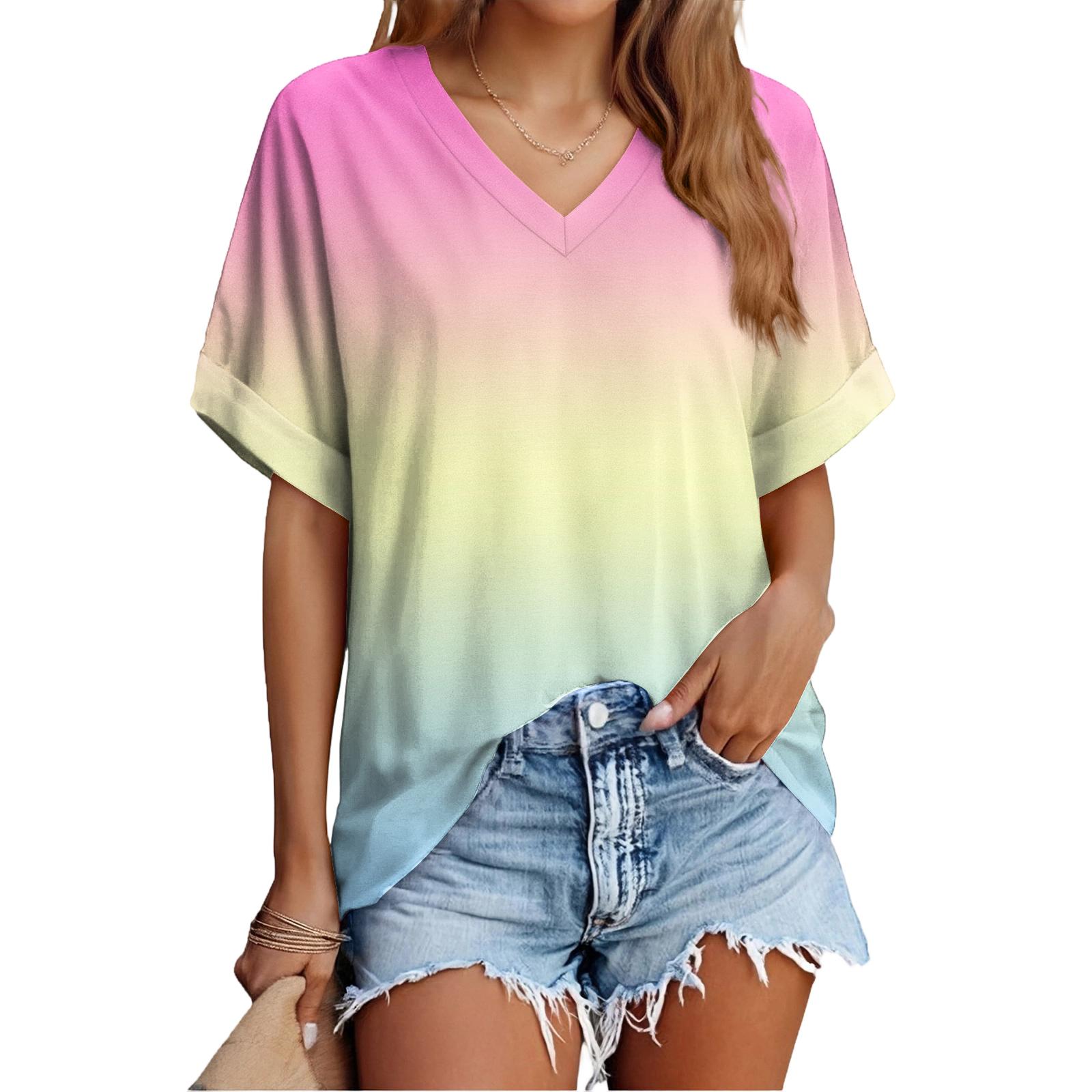 Women s Fashion Casual Everyday Versatile Gradient Print Slim-Fit Summer Short-Sleeve Top M