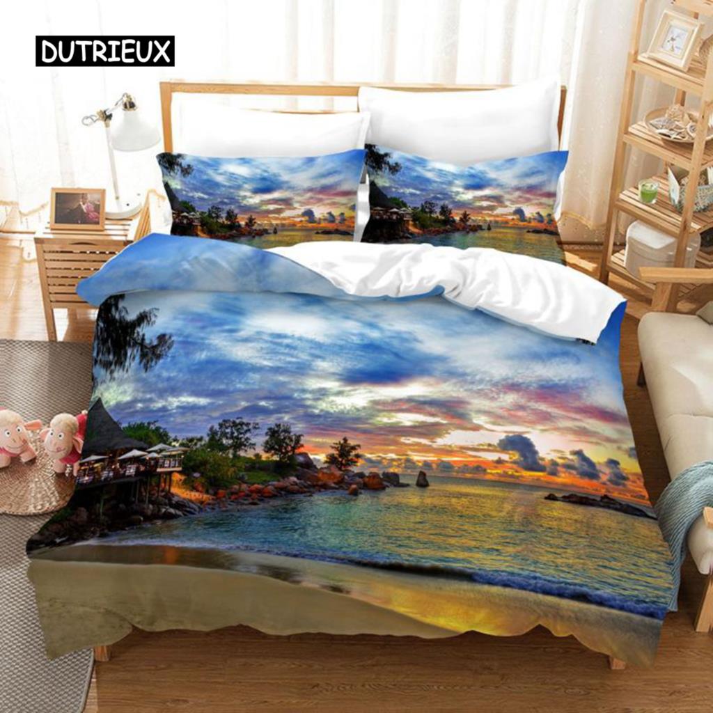 Ocean Duvet Cover Set Summer Beach Decor Hawaiian Vacation Style Bedding Set Palm Tree Tropical Nature Sea Polyester Quilt Cover