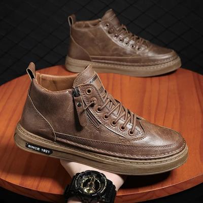 Botas altas de cuero para hombre, zapatos de algodón a la moda, botines de negocios informales para exteriores, zapatillas deportivas nuevas para hombre
