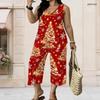 Women Plus Size V Neck Sleeveless Christmas Printed Red Wide Leg Pants Set With Pockets