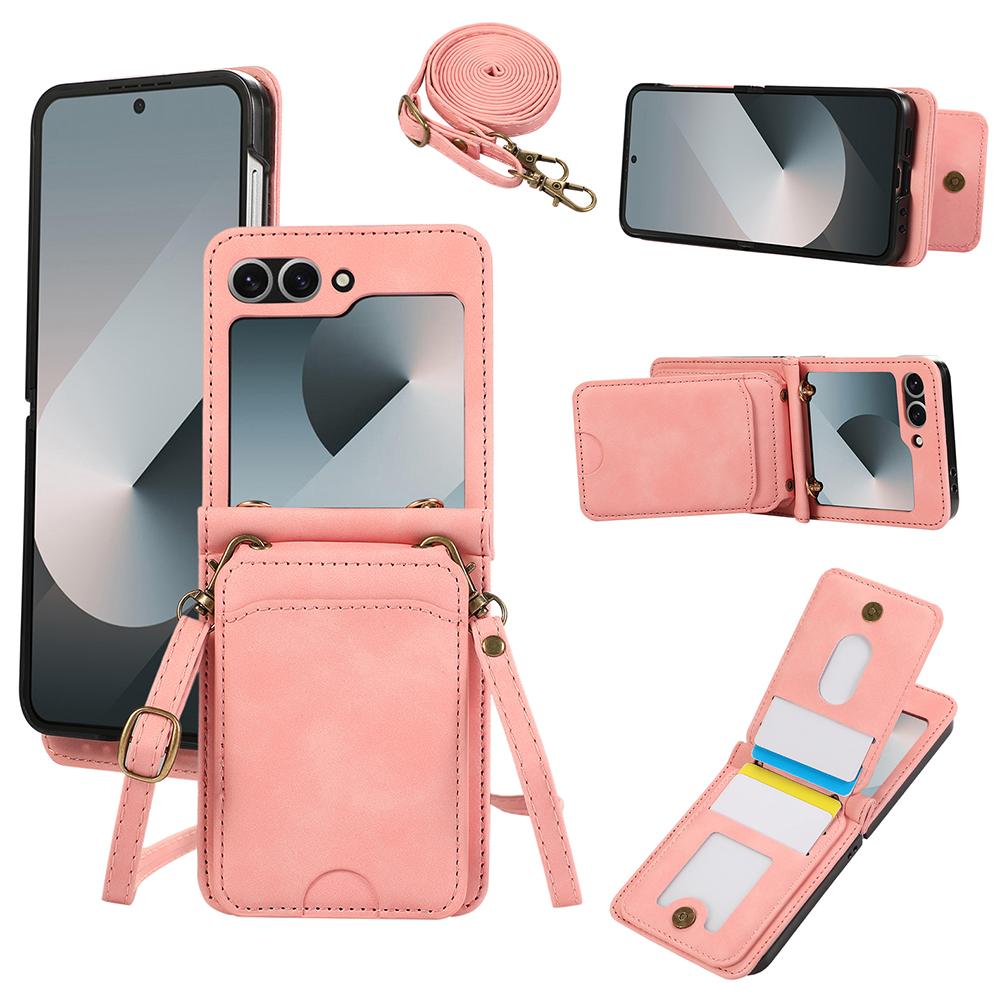 

For Samsung Galaxy Z Flip7 FE 5G/Z Flip6 5G Case Card Holder Kickstand Leather+TPU Phone Cover with Shoulder Strap Pink