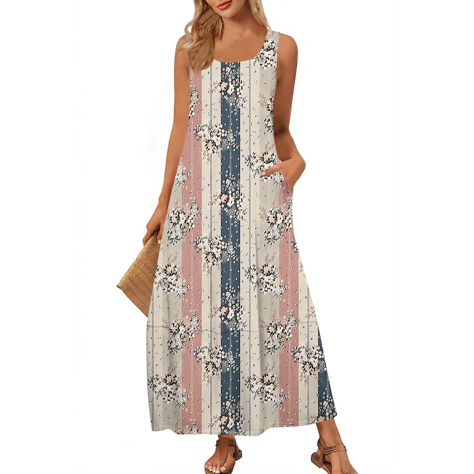 

Женская модная повседневная юбка макси, летняя пляжная юбка с круглым вырезом, без рукавов, свободный сарафан с цветными блоками и принтом XL хаки