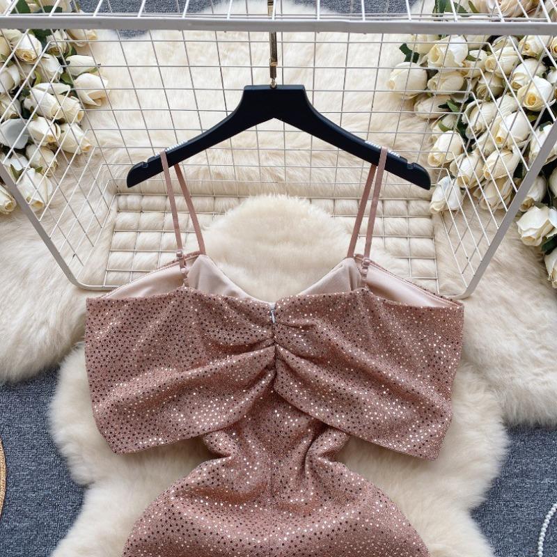 Women's Sequins Hip Pleated Slim Hollow Strapless Halter Short Dresses