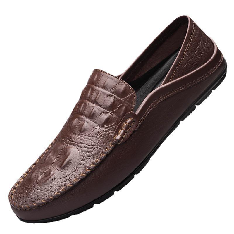 Men's Crocodile Pattern Slip-On Leather Loafers - Large, Versatile, Casual Driving Shoes