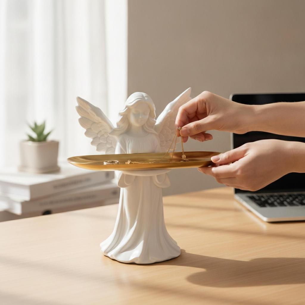 Angel Statue with Tray Angelic Figure Sculpture Decorative Decor for Vanity, Dresser,