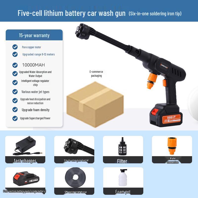 Portable Wireless Lithium Battery Car Washer: 10-Setting High-Pressure Water Gun with Six-in-One Head