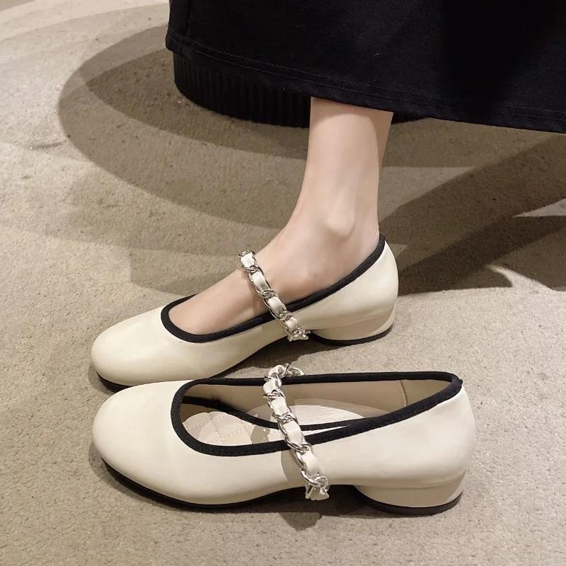 Fashion Block Heel Single Shoes Autumn New Color Block Round Toe Light Mouth Slip Strap Soft Sole Non-slip Low Heel Shoes
