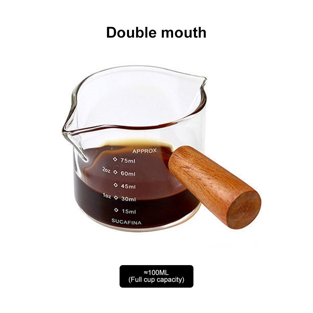 

75 мл термостойкий стеклянный мерный стакан для эспрессо с деревянной ручкой, кувшин для молока с одним или двумя горлышками, принадлежности для кофе, прозрачная кухонная кружка 75ml