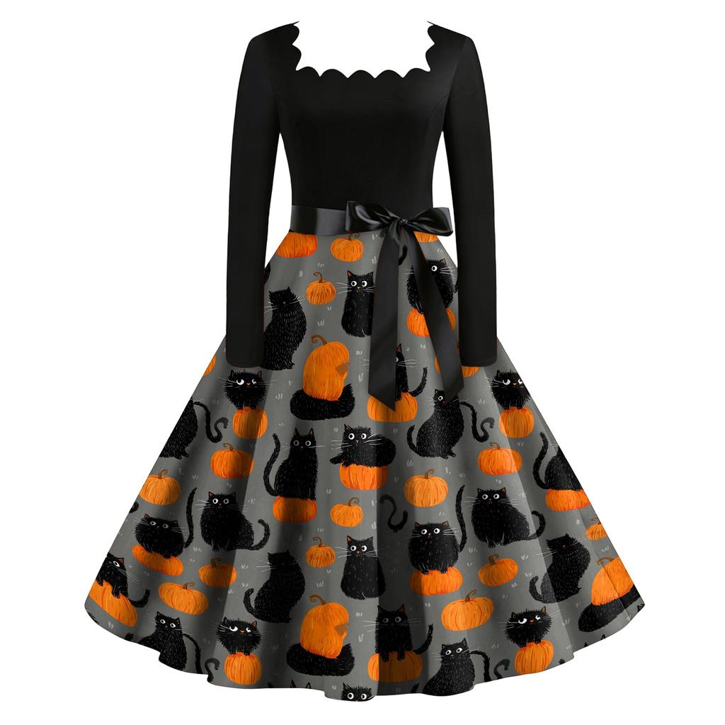 Women Vintage Long Sleeve Square Neck Halloween Print Party Dress Retro Style Full Skirt with Waist Tie Belt
