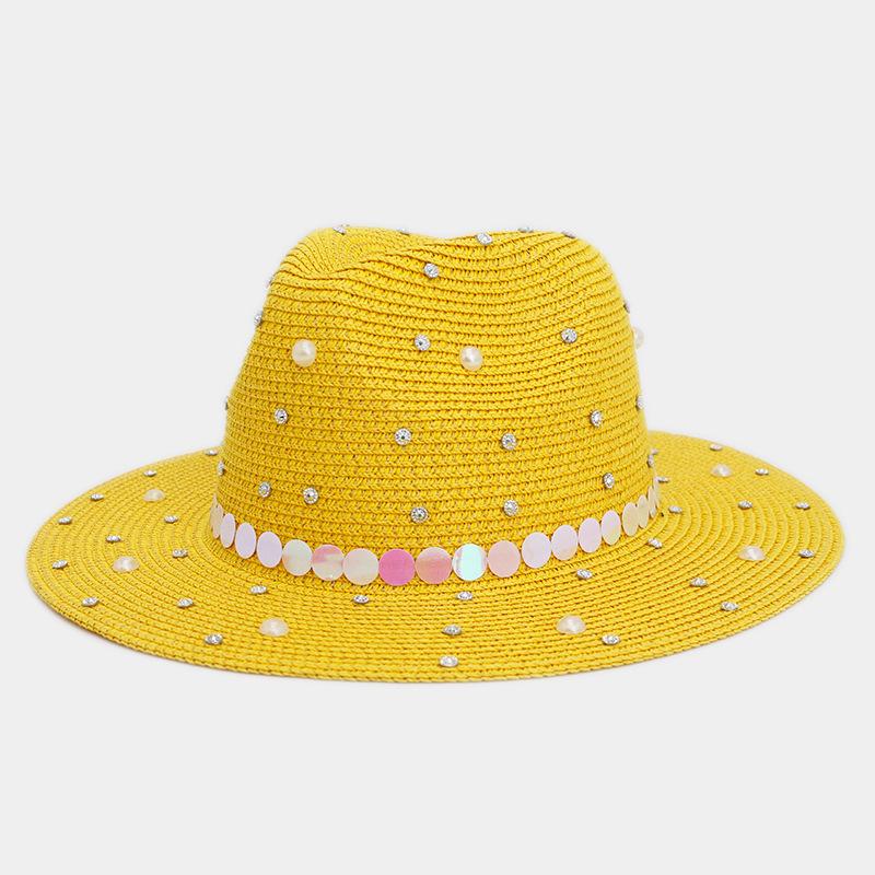 

Жемчужная шляпа из панамской соломы Модная мужская и женская шляпа-цилиндр с бриллиантовыми пайетками Приморская солнцезащитная пляжная шляпа one size fits all жёлтый