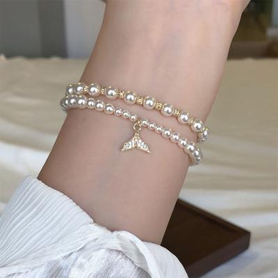 Zircon Fishtail Double-layer Pearl Bracelet French Personality Light Luxury High-end Bracelet Elegant Temperament Versatile Jewelry Women