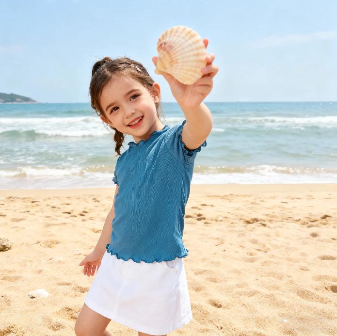 HD Korean Style Girls' Summer Striped Ruffle Trim Toddler Top - Sweet Candy Color Short Sleeve T-Shirt