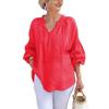 Women’s Polo-neck V-neck Plain Cotton-linen Long-sleeved Casual Top