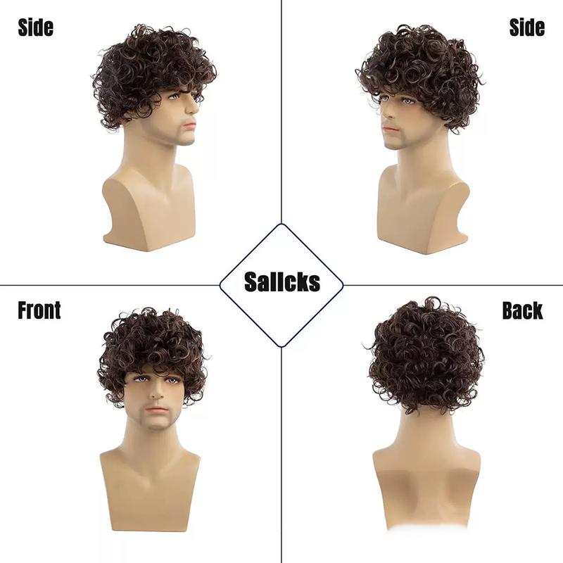 Men's Short Curly Wig, Brown Synthetic Hairpiece for Daily & Party