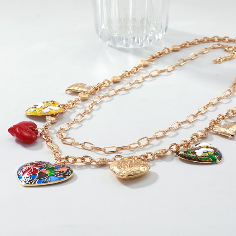 2Pcs/Set Bohemia Heart-Shaped Flower Pendant Multi-Layer Necklace For Women Summer Vacation Style Party Jewelry Neck Accessories
