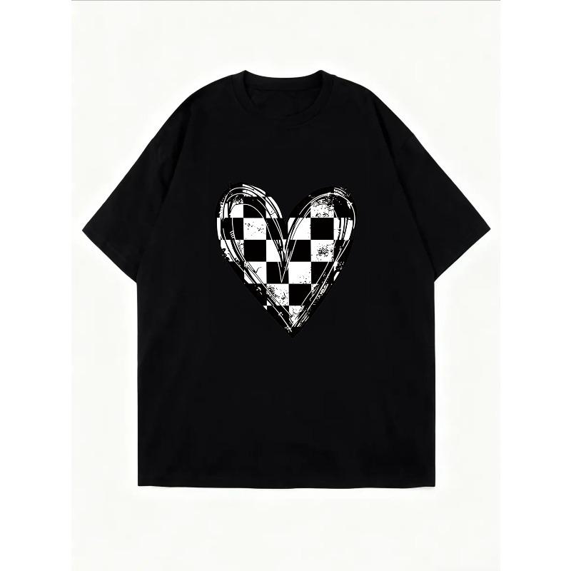 Weißes T-Shirt Mit Schachbrett-Herz-Print Für Freizeitkleidung