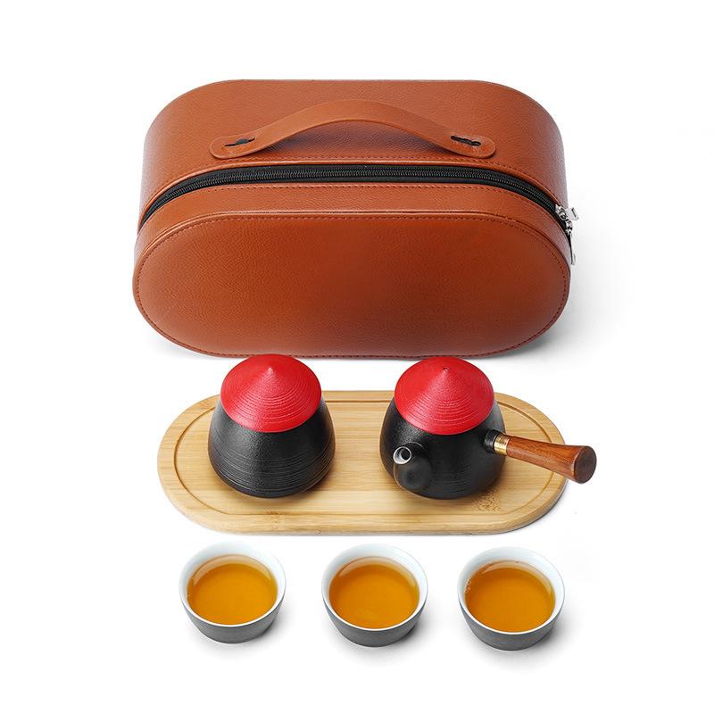 Ceramic Side Handle Teapot Travel Tea Set Black Ceramic Japanese Style Outdoor Portable Tea Tray Bag Factory Direct Sale Customi чёрный