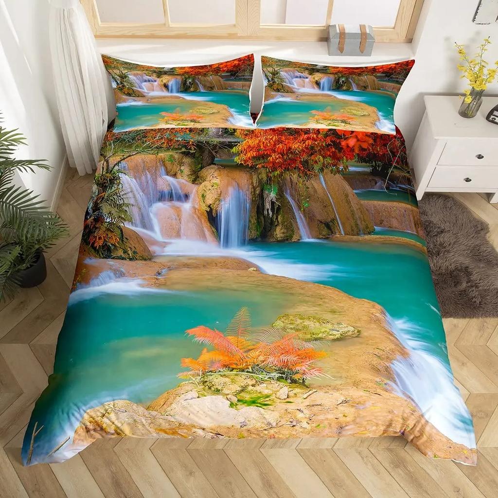 Nature Landscape Duvet Cover Sunset Comforter Cover Lake Landscape Bedding Set Polyester Spring Flower Bedspread Cover King Size