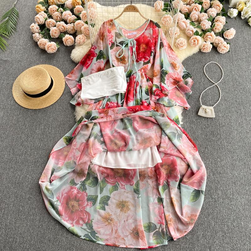 Summer Flower Series Elegant Print Fairy New Seaside Holiday Bell Sleeve Flowy Chiffon Dress