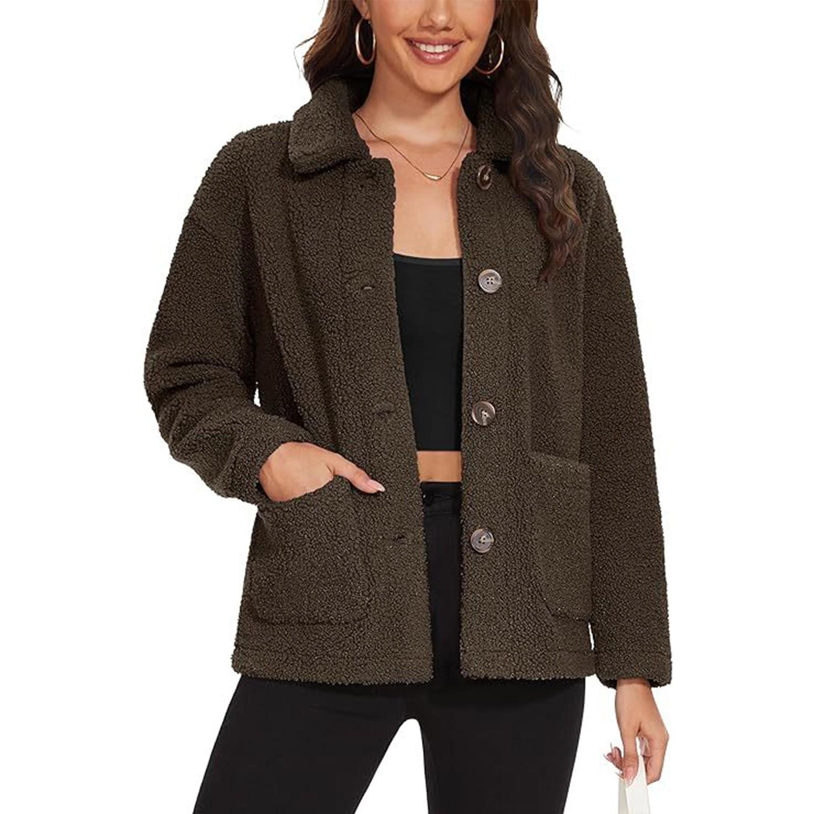 

Женская мода свободная куртка с пуговицами и лацканами, плюшевая куртка с длинными рукавами и карманами XL коричневый