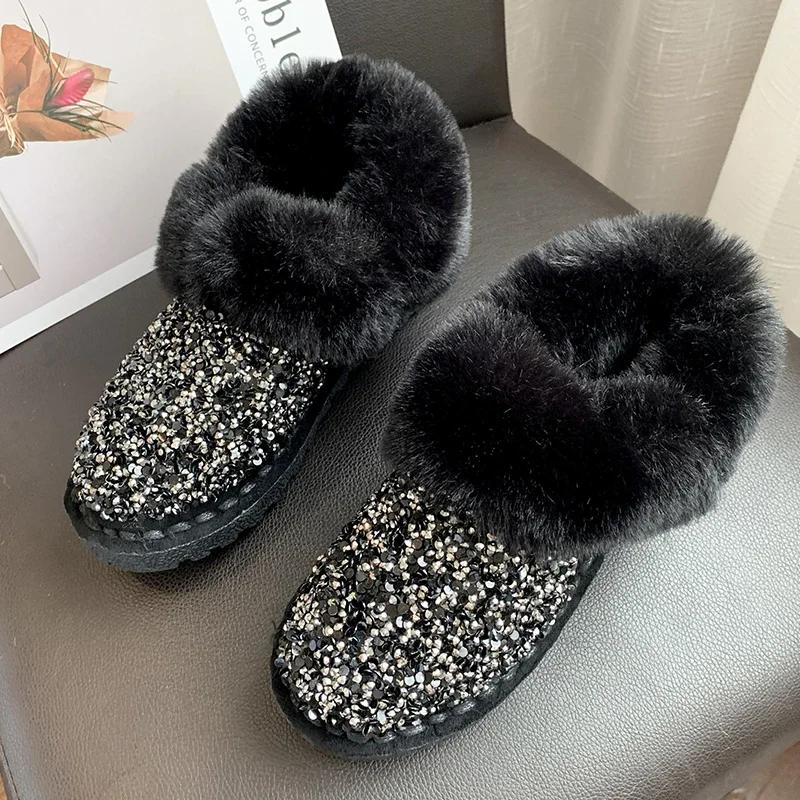 Damskie śniegowce antypoślizgowe z okrągłym noskiem, aksamitną podszewką, lekkie buty zimowe damskie, botki do kostki, gruba podeszwa, buty z dżetami i cekinami