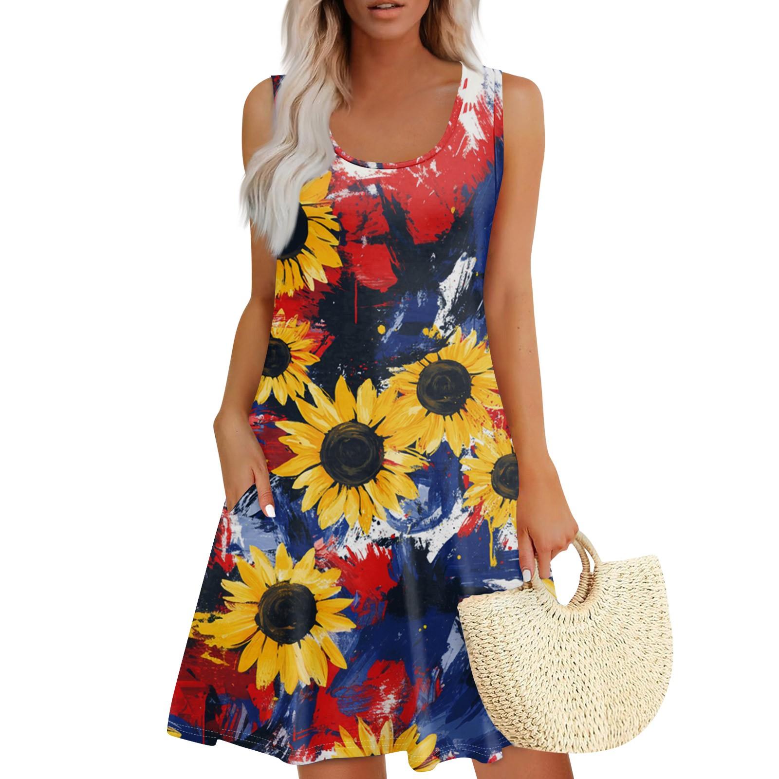 

Женское летнее повседневное платье с квадратным вырезом и принтом «День независимости» Платье без рукавов с карманами M жёлтый