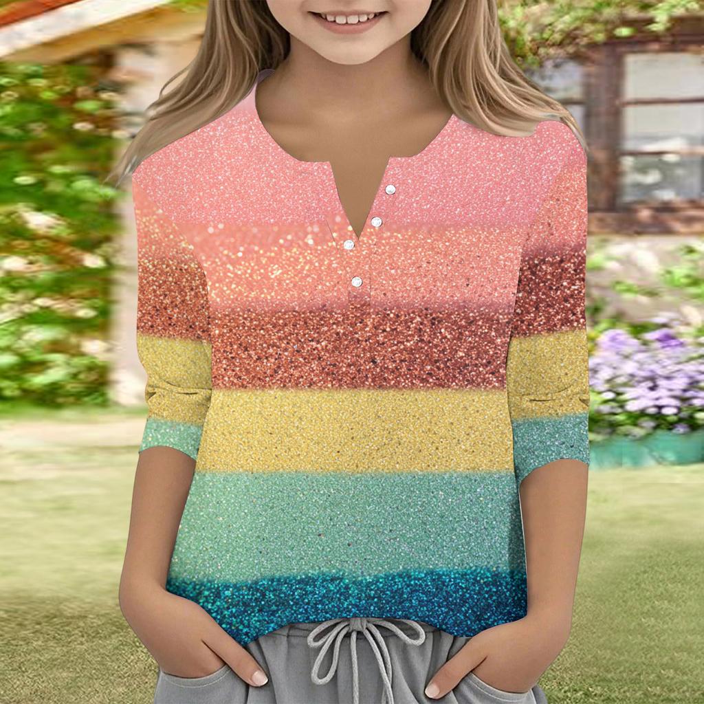 Print Tops For Youth Girls V Neck Button 3/4 Sleeves T-Shirts Trendy Tops Outfit Tees