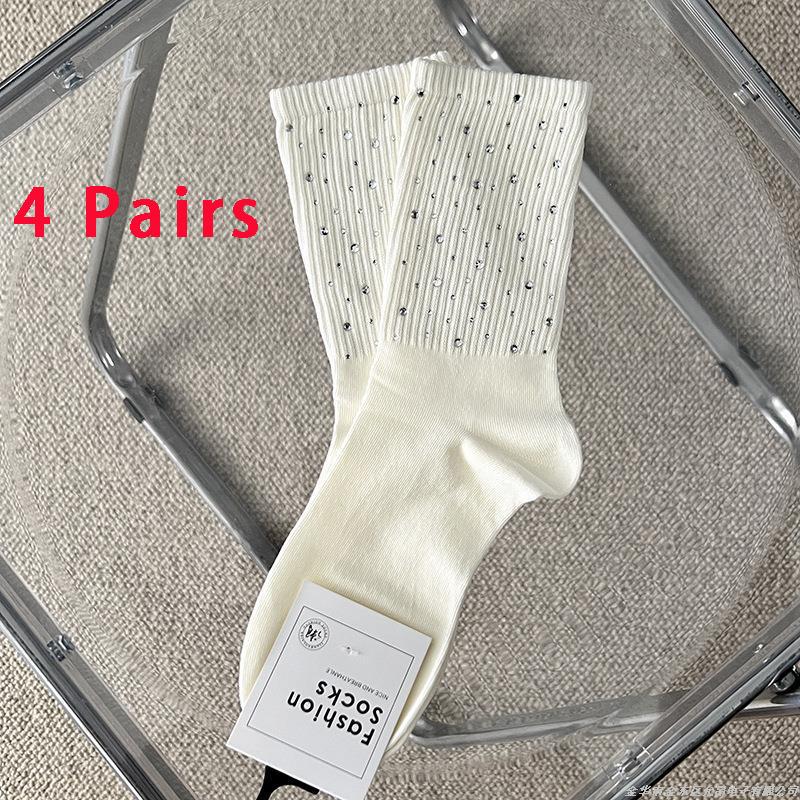 1/2/4Pairs Bright Diamond Tide Socks Diamond Luxury Rhinestone Medium Tube Women's Socks Four Seasons Fashion Cotton Hosiery