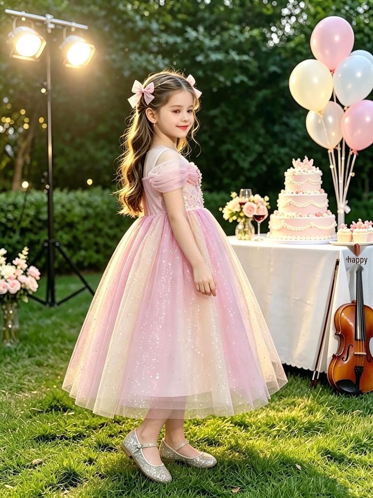 Girls' Sweet Princess Dress with Pink-Yellow Gradient Mesh for Summer Birthday Party
