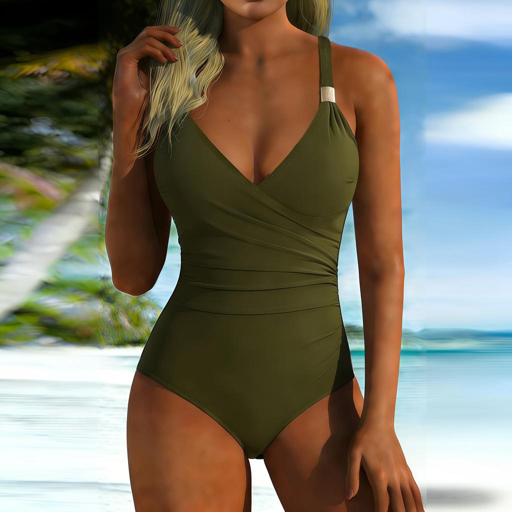 Women Swimsuit V Neck Ruched Design Adjustable Strap Bathing Suit with for Beach Pool