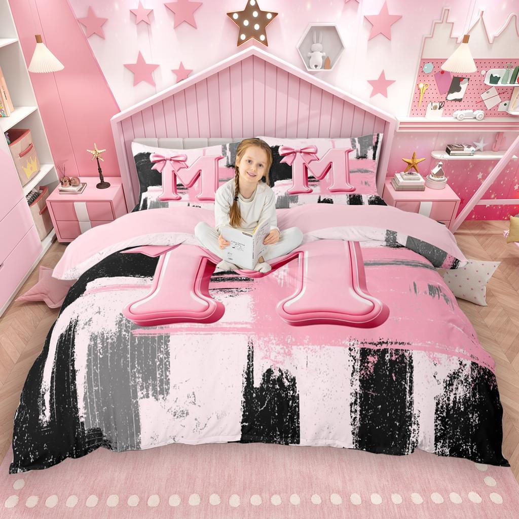 Homewish Girls Bow Monogrammed Duvet Cover Set 2Pcs/3Pcs Black Pink Ombre Bedding Set Personalized Letter A To T Quilt Cover